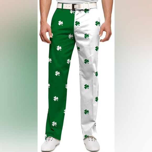 Loudmouth Pants Half Half White Green Shamrock Clover Allover Print